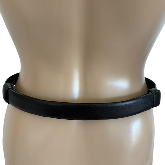 Vintage Black Leather Belt Sculptural Silver Hook Buckle Minimalist Waist Belt - Picture 5 of 5